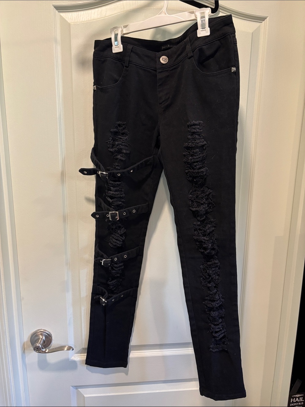 Black Skinny Jeans with Distressed Panels and Buckle Strap Details
